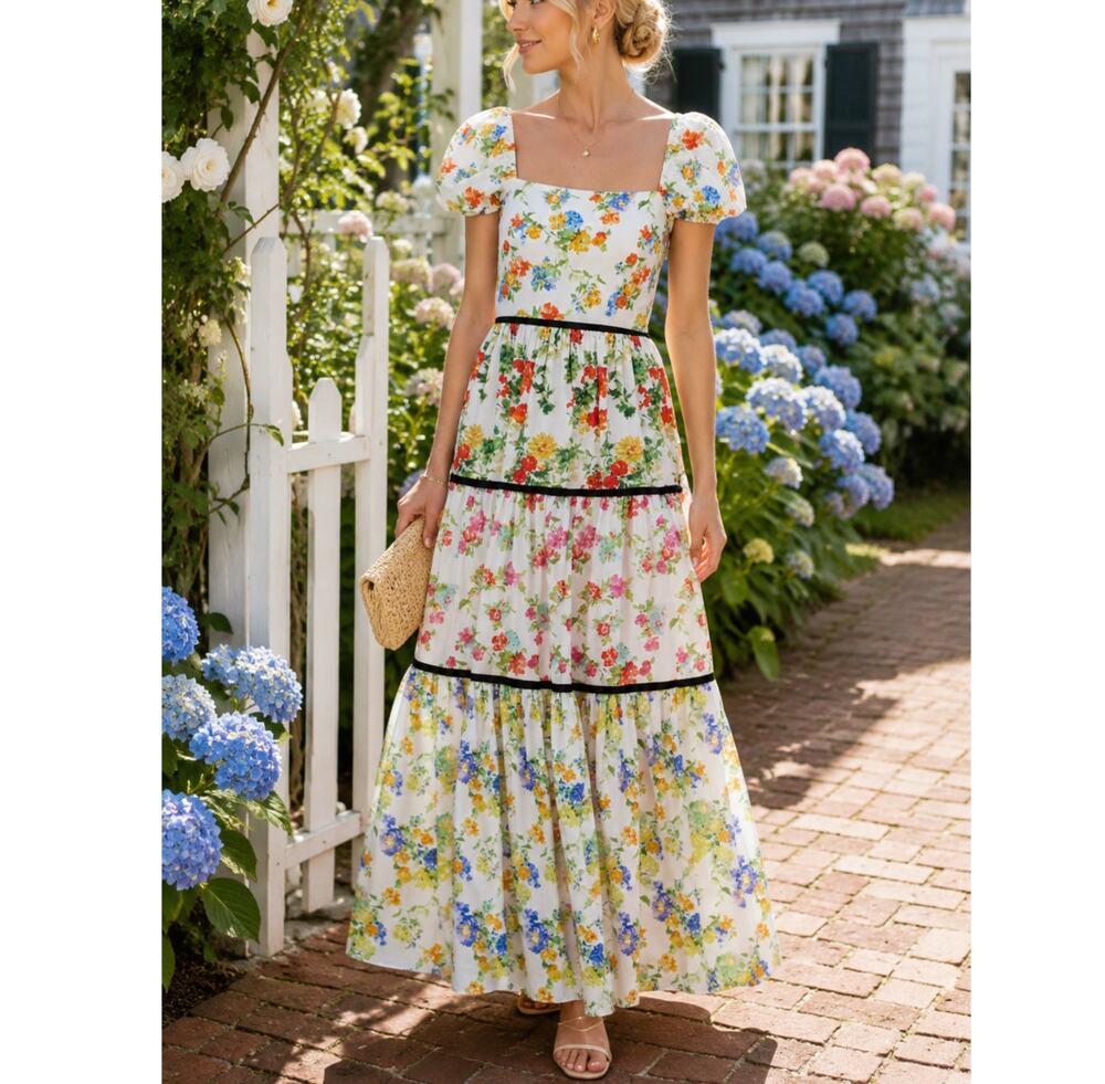 Caroline Constas Hart Floral Puff Sleeve Tiered Maxi Dress L Garden Party